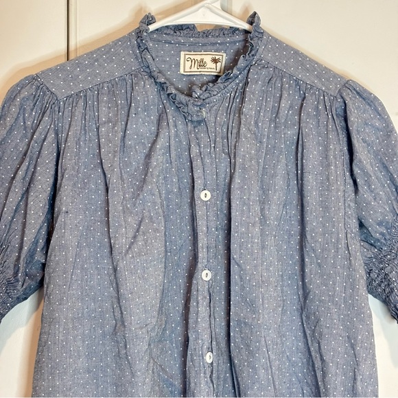 Mille Blue Dot Marnie Smocked Short Sleeve Button Front Top Shirt XS - Picture 3 of 7